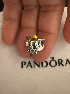 Pandora Silver Elephant Charm with Yellow Hat Accent